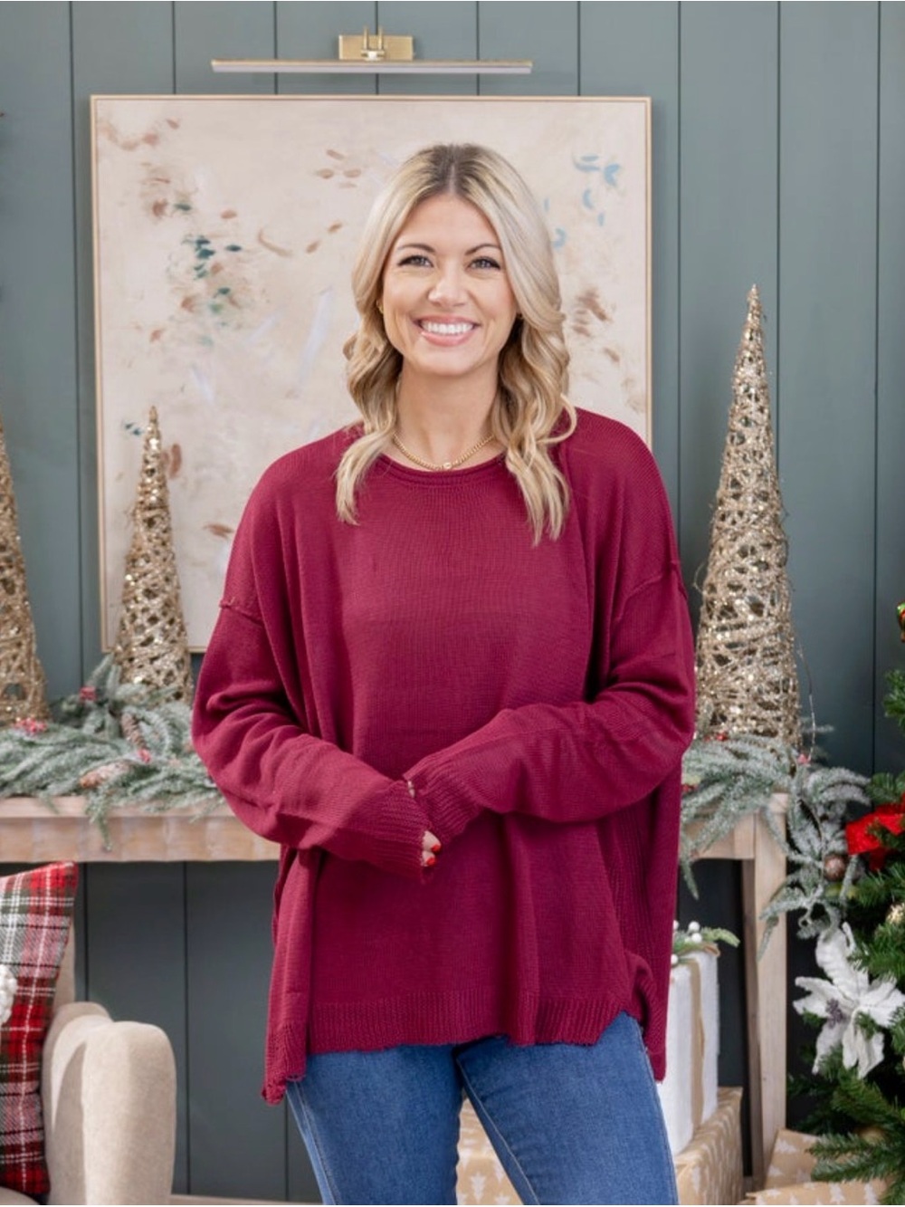 Waffle-Knit Long Sleeve Relaxed Sweater - Berry